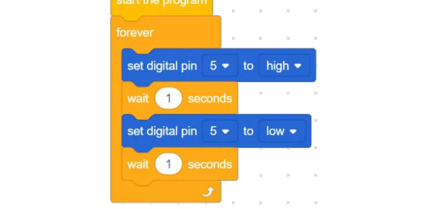 תוכנית בלוקים: start the program, ובתוך forever ארבעה בלוקים — set digital pin 5 to high, wait 1 seconds, set digital pin 5 to low, wait 1 seconds