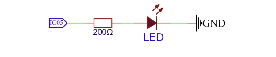 תרשים חשמלי — פין IO5 דרך נגד 200 אוהם אל נורית LED וממנה ל-GND