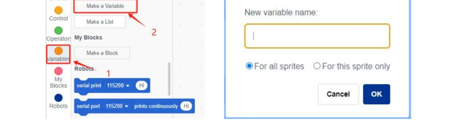 חלון ACECode שבו לוחצים Make a Variable ונפתחת תיבה לכתיבת שם המשתנה