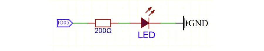 תרשים חשמלי: פין IO5, נגד 200 אוהם, נורית LED, ואז GND