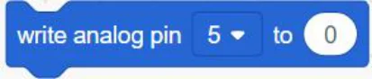 הבלוק write analog pin עם פין 5 והערך 0