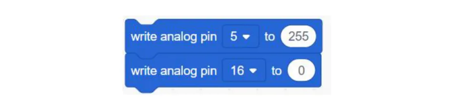 שני בלוקים: write analog pin 5 to 255 ומתחתיו write analog pin 16 to 0