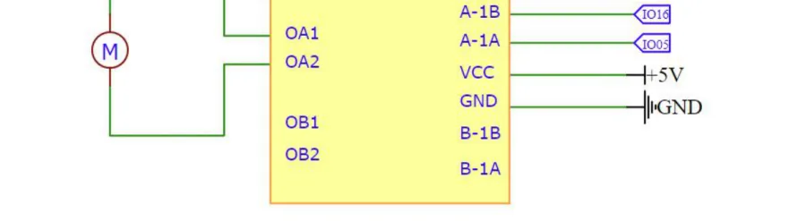 תרשים המעגל: המנוע מחובר למוצאי OA1 ו-OA2 של המודול, והמודול מקבל A-1A מפין IO05, A-1B מפין IO16, וכן 5 וולט ו-GND