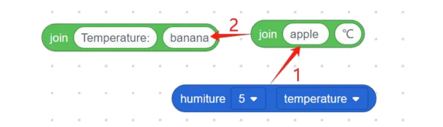 שני בלוקי join ובלוק humiture, עם חצים אדומים המסמנים את סדר ההרכבה