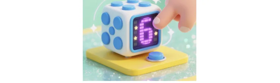 קובייה אלקטרונית עם כפתור ותצוגה שמראה 6