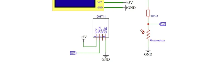 סכמת חיבורים: מסך LCD עם VCC ל-5 וולט ו-GND להארקה, חיישן DHT11 שרגל ה-Data שלו מחוברת לפין IO05, ומימין פוטורזיסטור עם נגד 10 קילואוהם שנקודת האמצע ביניהם מחוברת לפין IO32