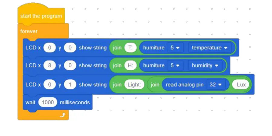 תוכנית בלוקים: בלוק start the program, ובתוך forever שלושה בלוקי LCD show string עם קואורדינטות שונות, בכל אחד בלוק join המחבר טקסט לקריאת חיישן, ובסוף המתנה של אלף אלפיות שנייה