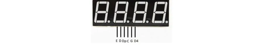 תצוגת ארבע ספרות אדומה עם רגליים מסומנות E, D, Dp, C, G ו-D4
