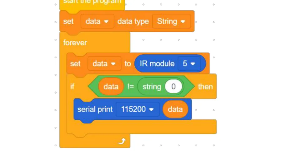 תוכנית הבלוקים המלאה — set data type String, ואחריו forever עם IR module, if ו-serial print