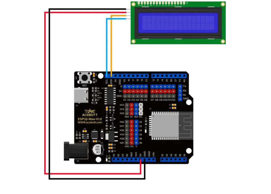 תרשים חיווט — מסך LCD1602 מחובר בארבעה חוטים ישירות ללוח ESP32