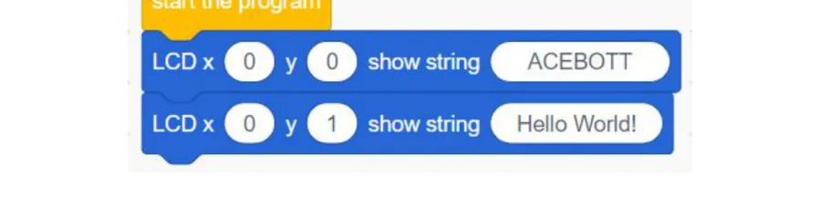 תוכנית הבלוקים — start the program ואחריו שני בלוקי LCD show string