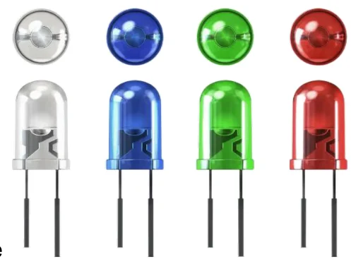 נוריות LED בצבעים שונים — לבן, כחול, ירוק ואדום, עם שתי רגליים כל אחת