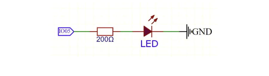 תרשים חשמלי: פין IO5, נגד 200 אוהם, נורית LED, ואז GND