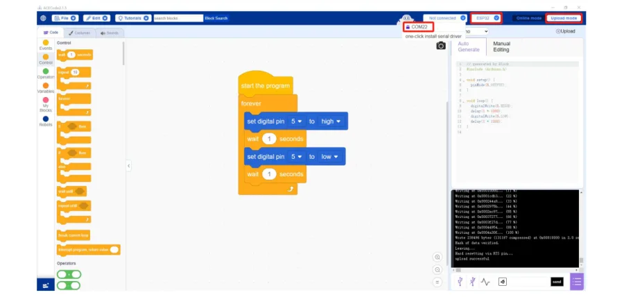 סביבת ACECode עם התוכנית: start the program, forever, ובתוכו set digital pin 5 to high, wait 1 seconds, set digital pin 5 to low, wait 1 seconds