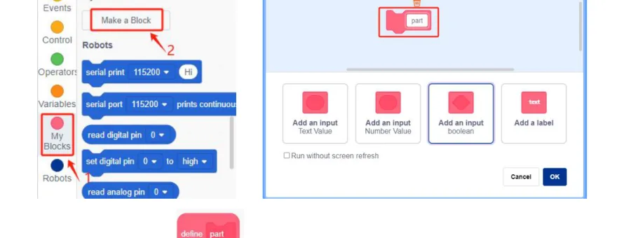 מסך ACECode: לחיצה על הקטגוריה My Blocks ואז על Make a Block, וחלון שבו מקלידים את שם הבלוק