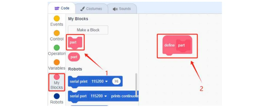 מסך ACECode אחרי היצירה: הבלוק part מופיע בקטגוריית My Blocks, והבלוק define part הופיע באזור העבודה