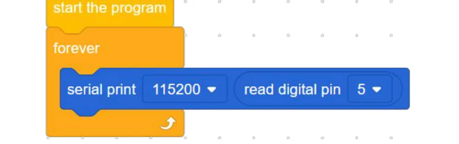 תוכנית ACECode: start the program, forever, ובתוכו serial print 115200 עם read digital pin 5 בתוך התיבה