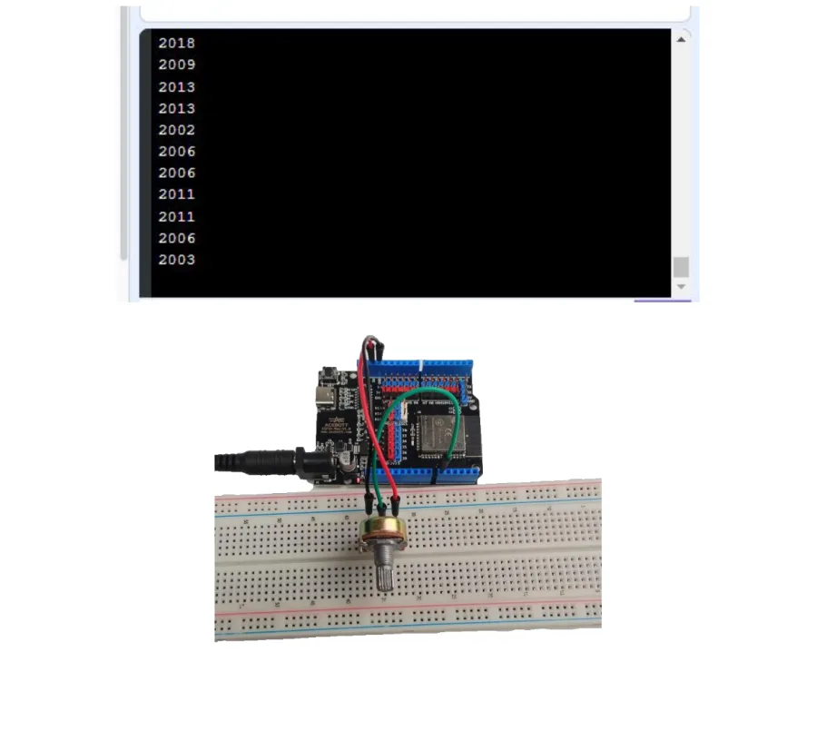 חלון הפלט של ACECode מציג מספרים סביב 2010, ומתחתיו תצלום של הפוטנציומטר מחובר על לוח הניסוי