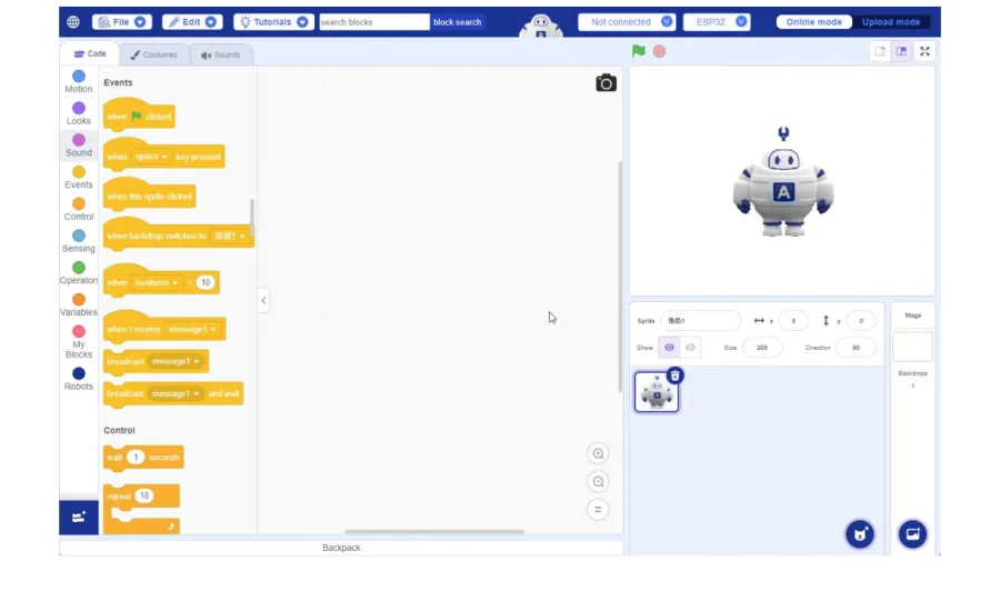 מסך ACECode — ארגז הבלוקים משמאל, אזור העבודה במרכז, הסרגל העליון למעלה