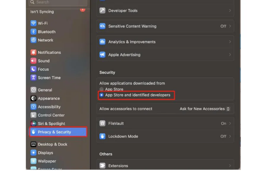 הגדרות Privacy & Security במק