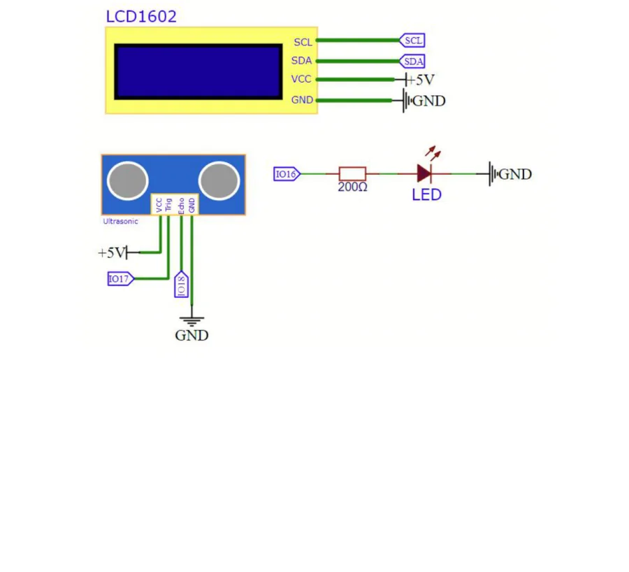 תרשים חשמלי — מסך LCD1602 על SDA ו-SCL, חיישן אולטרסוני על IO17 ו-IO18, ונורית LED דרך נגד 200 אוהם ל-IO16