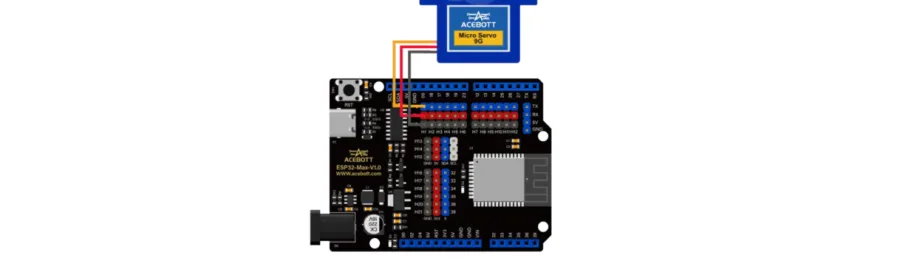 חיבור הסרוו לשלושה פינים על לוח ה-ESP32 עם חוטים בחום, אדום וכתום