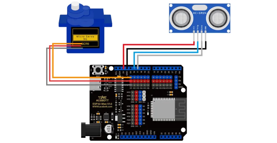 חיבור בפועל — הסרוו והחיישן מחוברים ללוח ESP32
