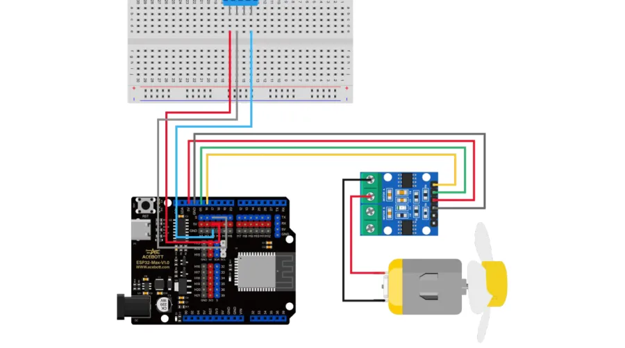 תרשים חיבורים מלא: לוח ESP32 מחובר לברדבורד עם חיישן DHT11 כחול, ומצדו השני מודול הנעה כחול המחובר למנוע עם מדחף