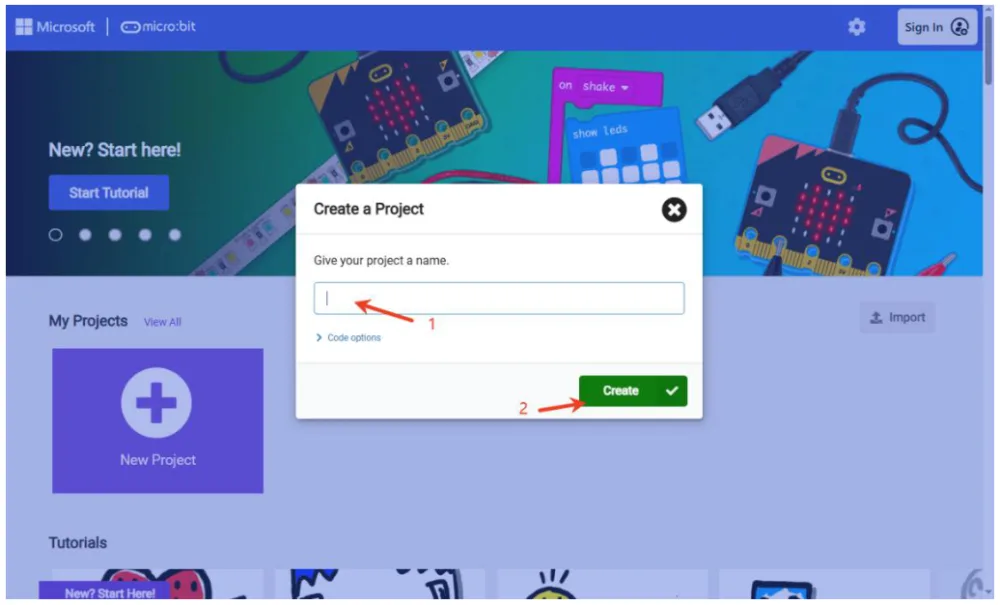 חלון יצירת פרויקט — שם הפרויקט וכפתור Create