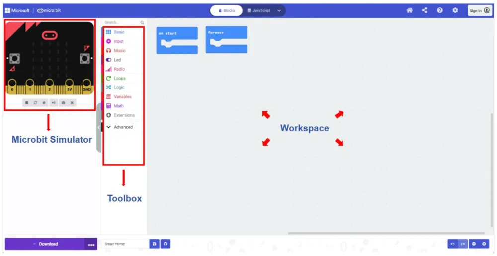 ממשק MakeCode — סימולטור, ארגז כלים ואזור עבודה